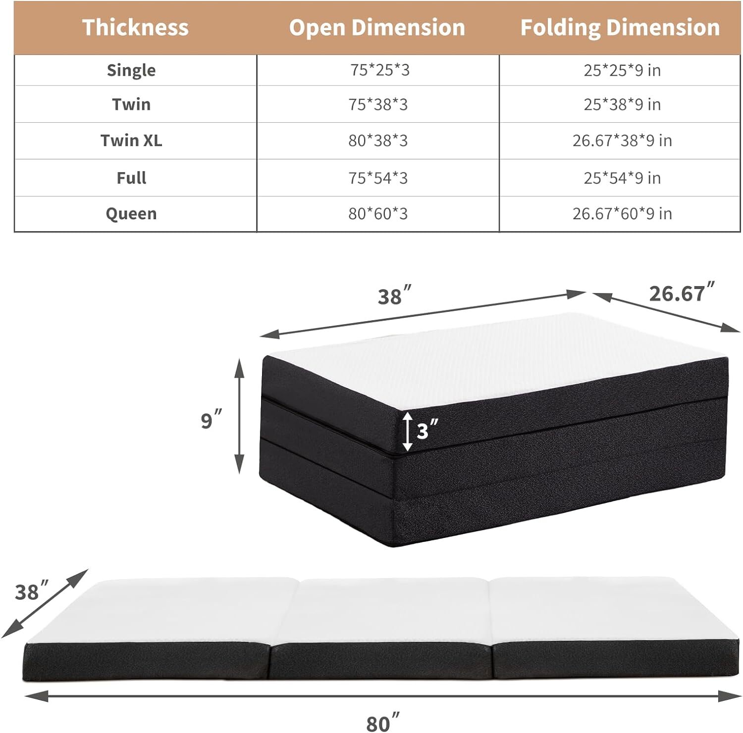 Folding Mattress 3 inch Tri-Fold Memory Foam Mattress Topper with Washable Cover