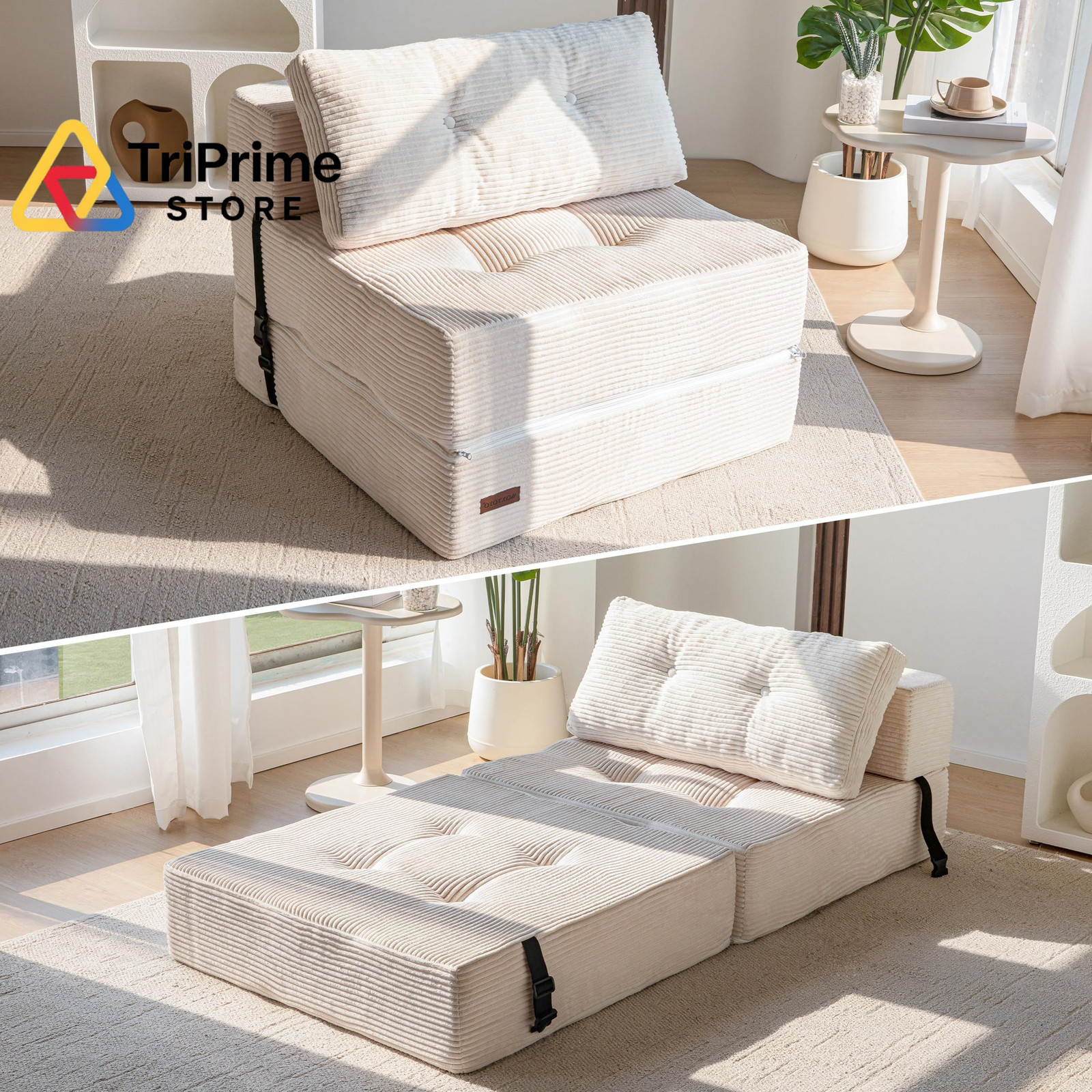 MAXYOYO Folding Sofa Bed, Convertible Bed with High-Density Large, Beige