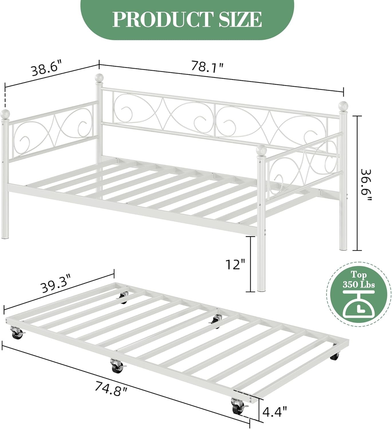 Twin Daybed with Trundle Bed, Space-Saving Metal Day Bed Fre with Floral