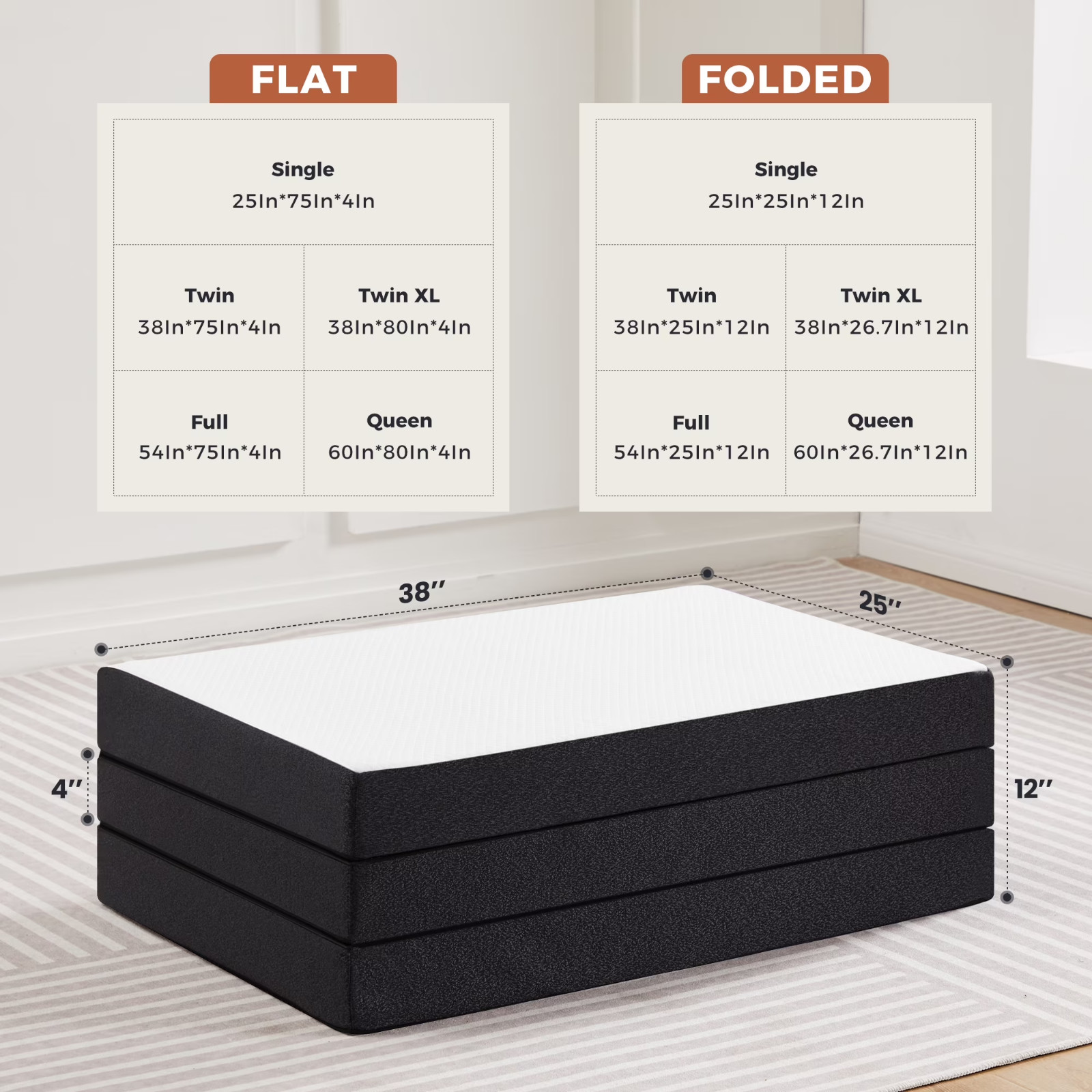 4-Inch Tri-Fold Memory Foam Mattress Topper Portable Camping Guest Bed