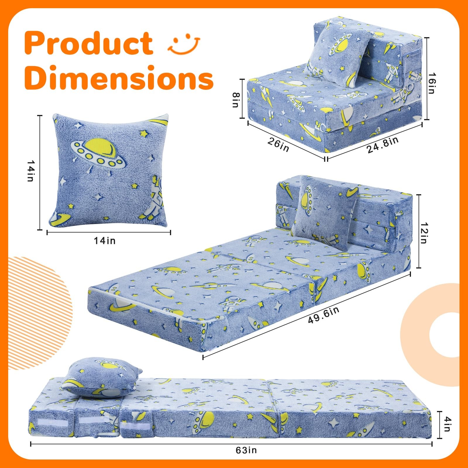 Foldable Futon Chair Bed for Kids, Glow Tri-fold Sofa Bed Convertible Toddler…