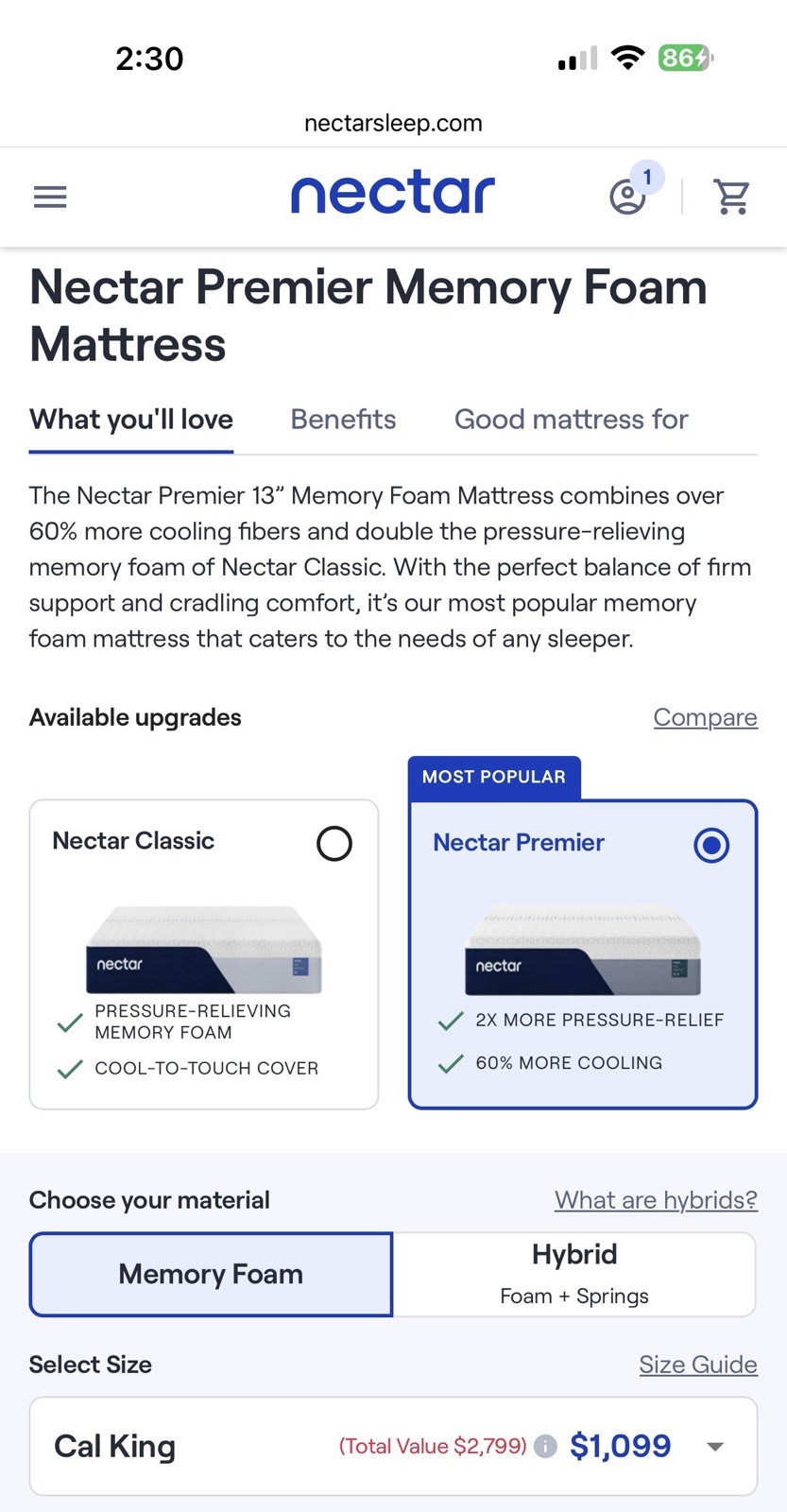 Nectar Premier Memory Foam Mattress California King 13″ Cooling Medium Firm