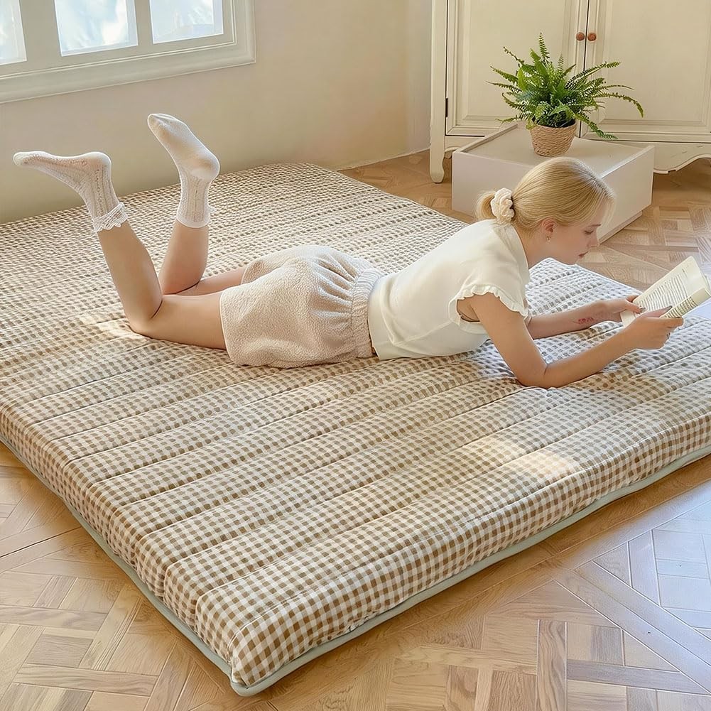 NSNLGSGC Tan Gingham Japanese Floor Mattress, 3.5″ Thick High Density Foam Futon
