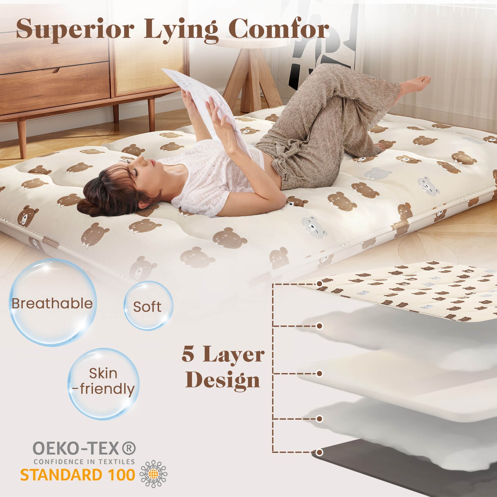 Full Futon Mattress Japanese Sleeping Pad Lounge Bed w/ Washable Cover Brown
