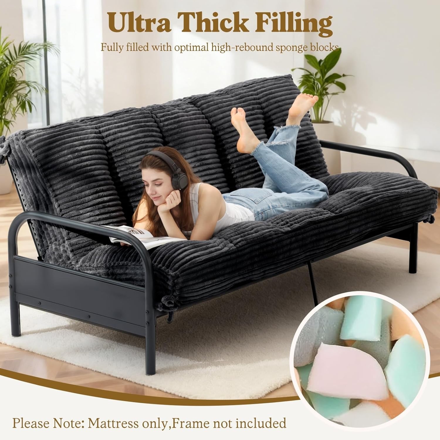 10″ Futon Mattress Queen Size Futons Sofa Couch Bed with Straps Thick Corduroy