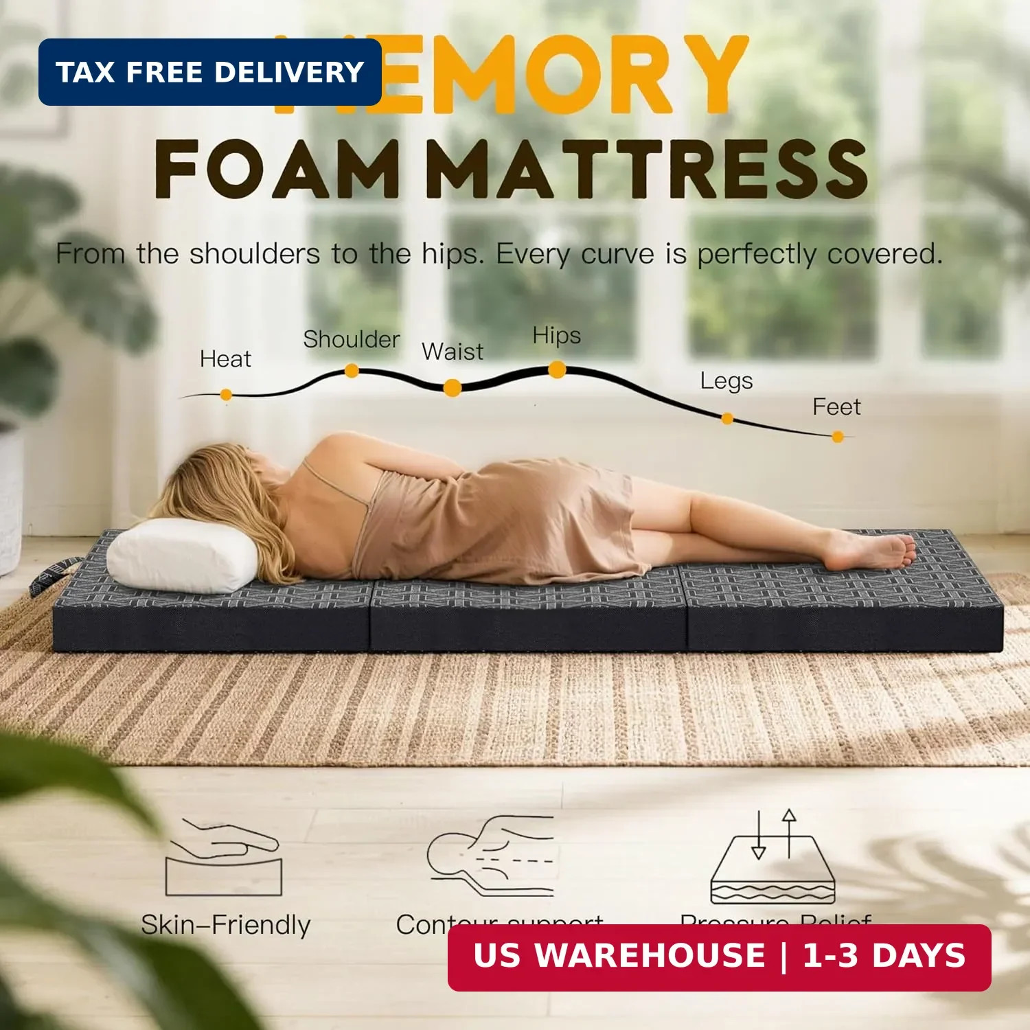 Foldable Mattress Twin,6″ Memory Foam Mattress Topper,Trifold Mattress with Wash