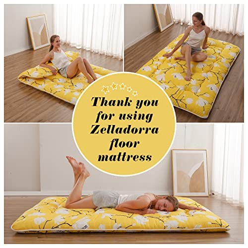 Japanese Floor Mattress, Queen（80″L x 60″W） Yellow Flower ( 4″th + Dust Cover ）