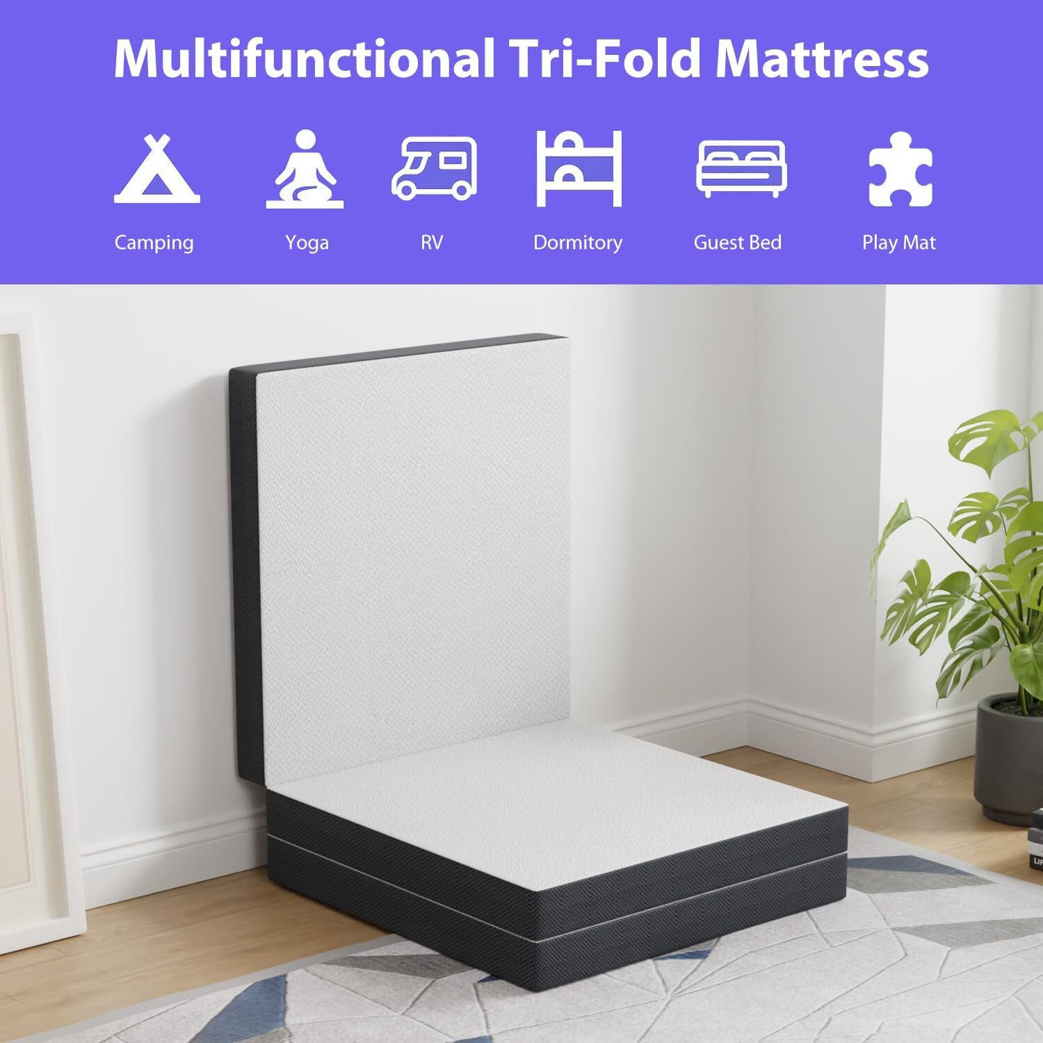 3 inch Folding Mattress Tri Fold Memory Foam Mattress Topper with Washable Cover