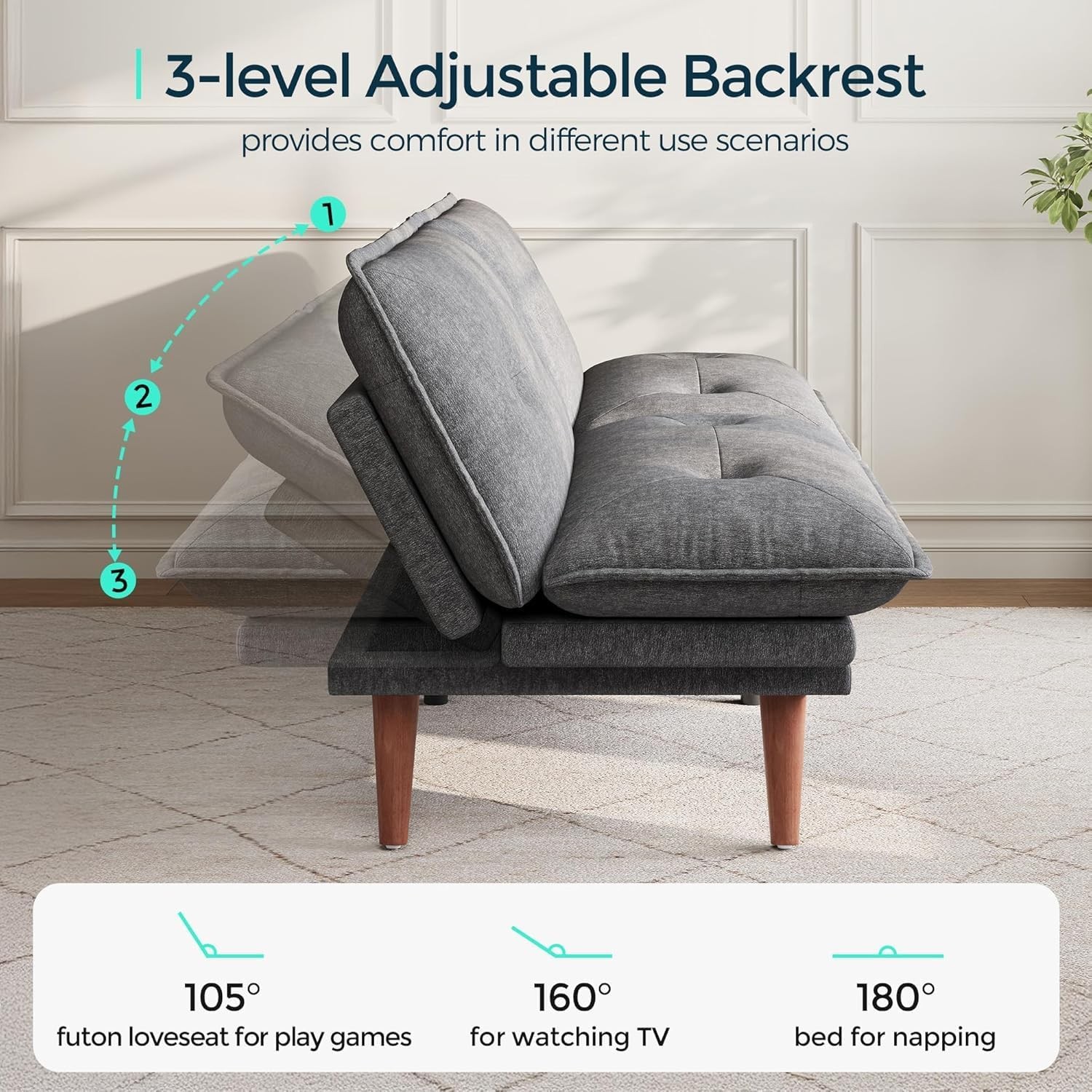 Futon Sofa Bed, 70″ Chenille Futon Couch with Adjustable