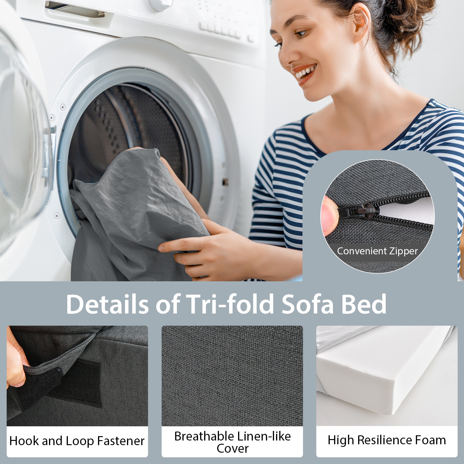 Folding Mattress w/ Pillow 6 Inch Tri-fold Sofa Bed w/ High-Density Foam