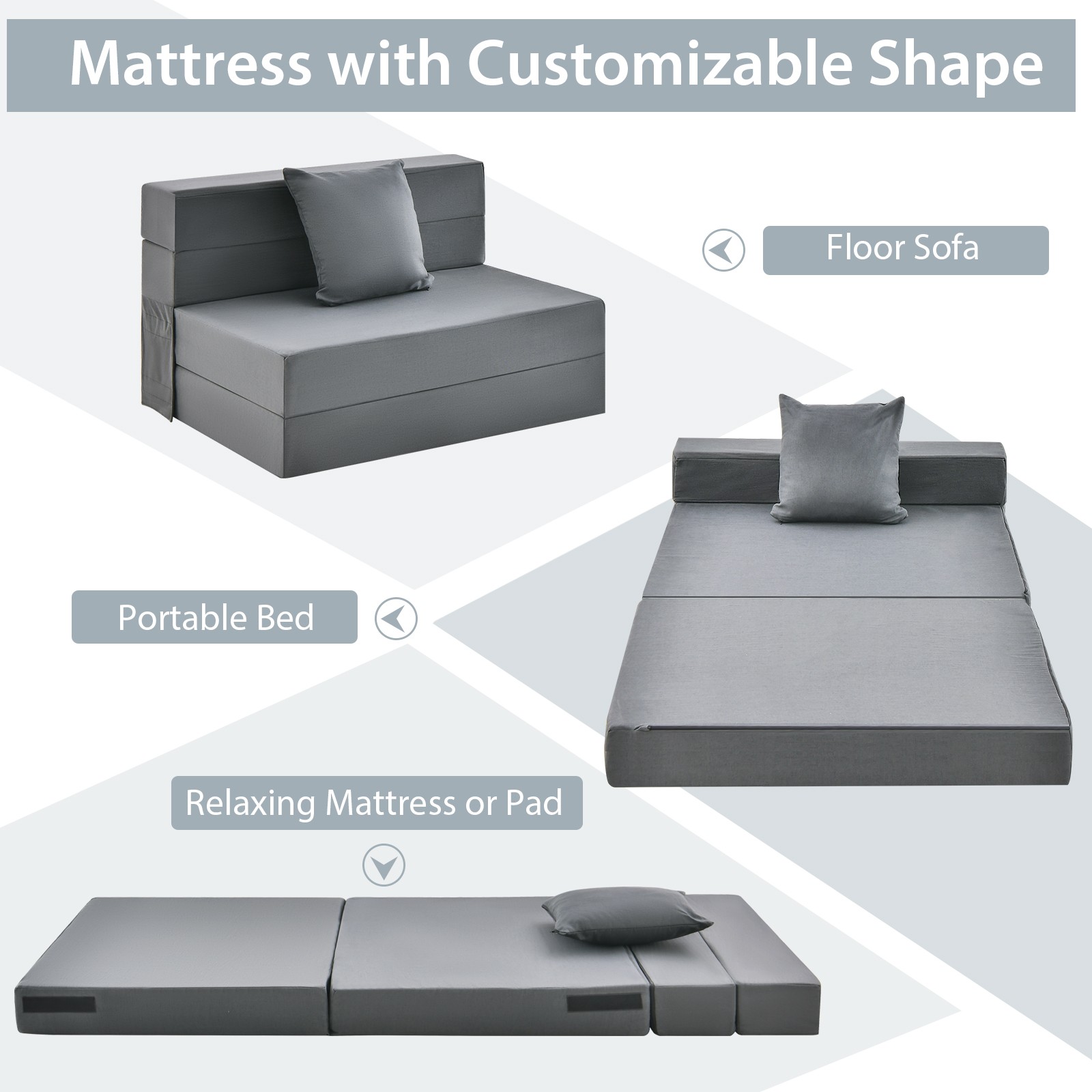 Folding Mattress w/ Pillow 6 Inch Tri-fold Sofa Bed w/ High-Density Foam