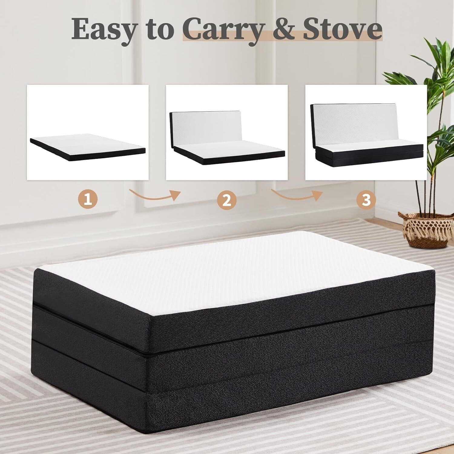 3 inch Memory Foam Mattress Topper Tri-Fold Folding Mattress with Washable Cover