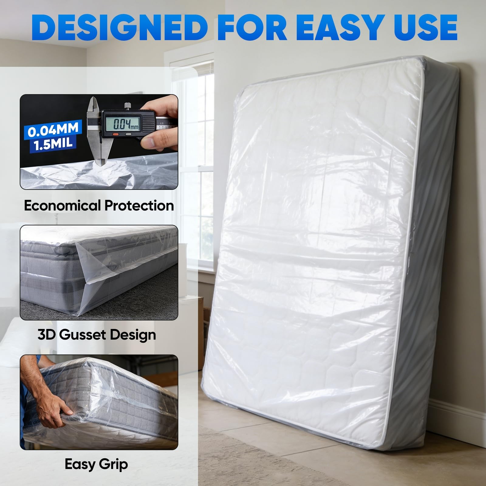 TICONN 2PK Plastic Mattress Bag for Moving Storage, Waterproof Queen, White