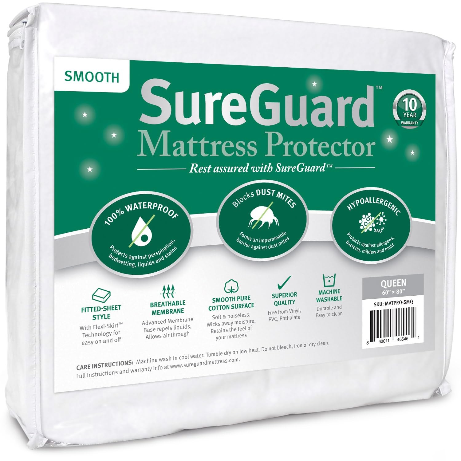 SureGuard Queen Size Mattress Protector – 100% Waterproof, Queen, White