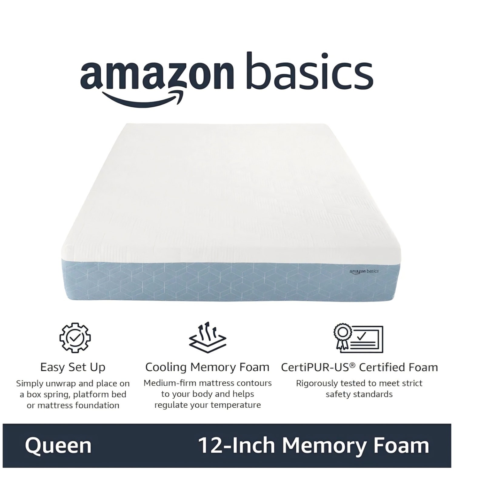 Queen Memory Foam Mattress, Medium Firm, Cooling Gel, 12 inches, White/Gray