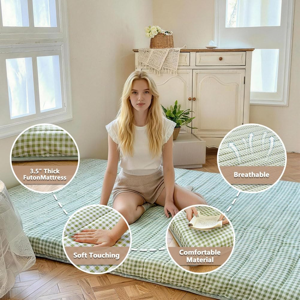 Green Gingham 3.5″ Thick Futon Mattress, Foldable Tatami Pad, Queen Size