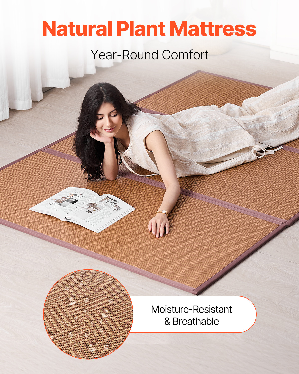 Japanese Tatami Mat 80 x 55 in Foldable Natural Rattan Tatami Mattress