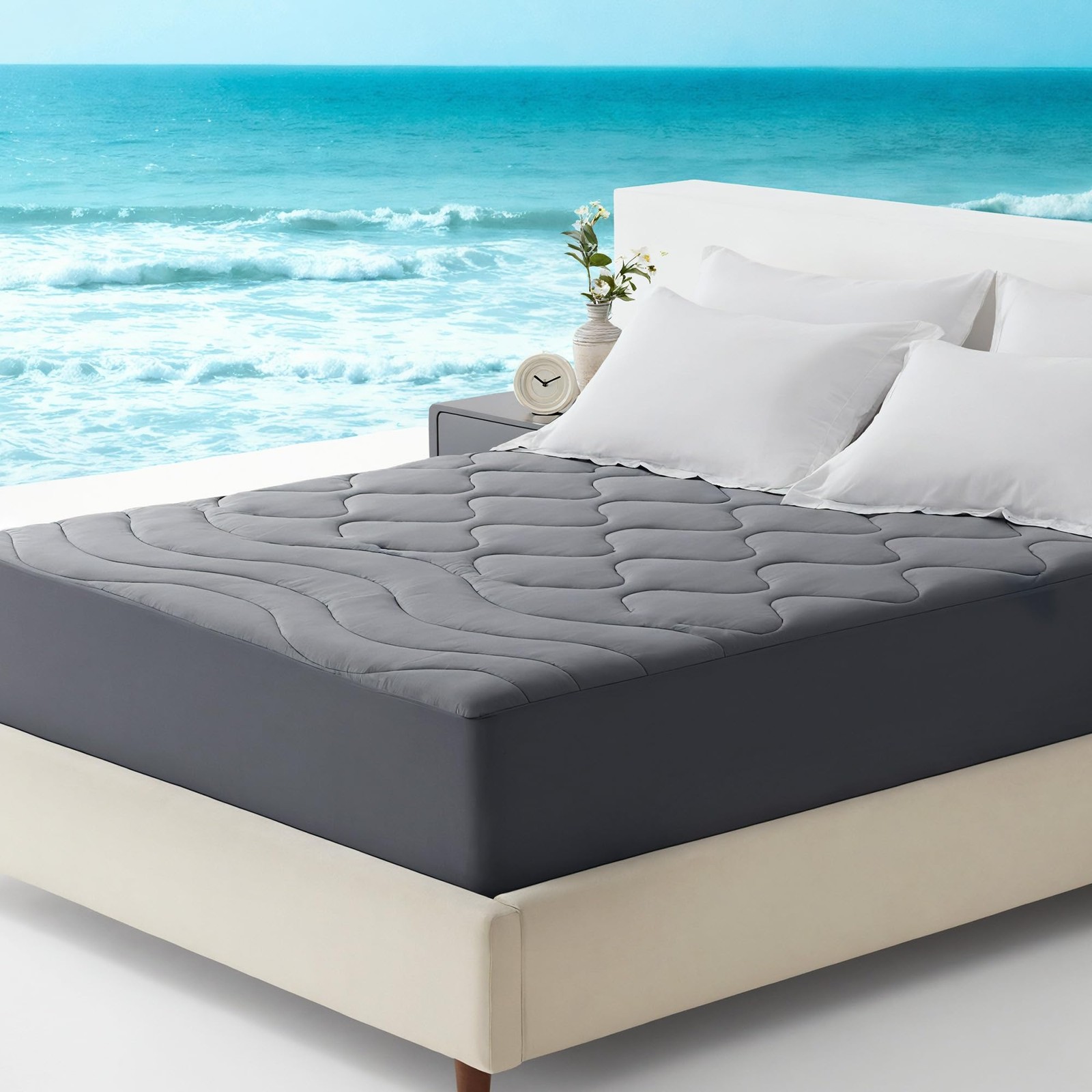 Sleep Zone Cooling Mattress Pad Queen, Support Topper, Gray