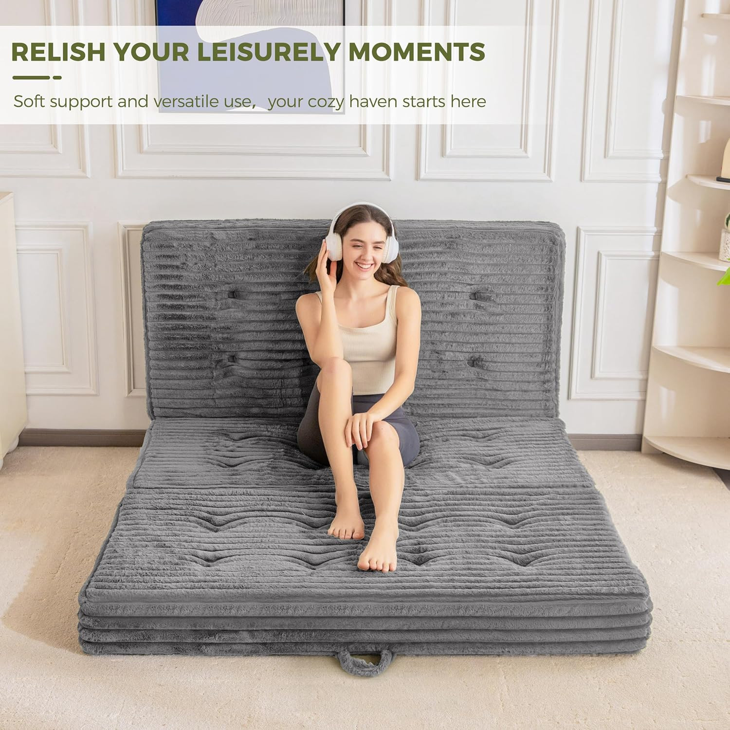 Tri-Fold Folding Mattress with Handles, 6-Inch Portable Sofa Bed, Grey