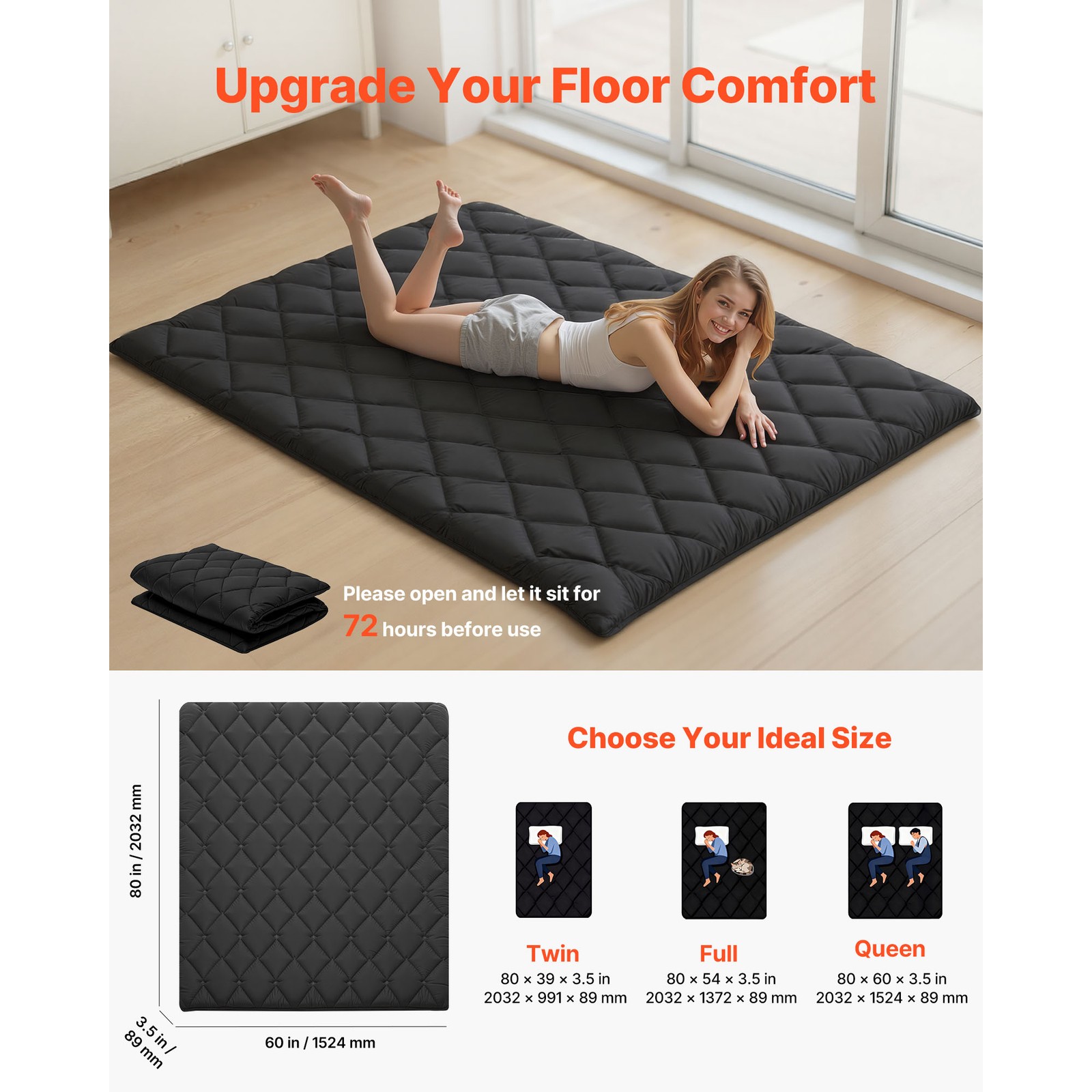 Uimoso Japanese Tatami Mattress Queen Size Foldable Futon with Storage Bag Black