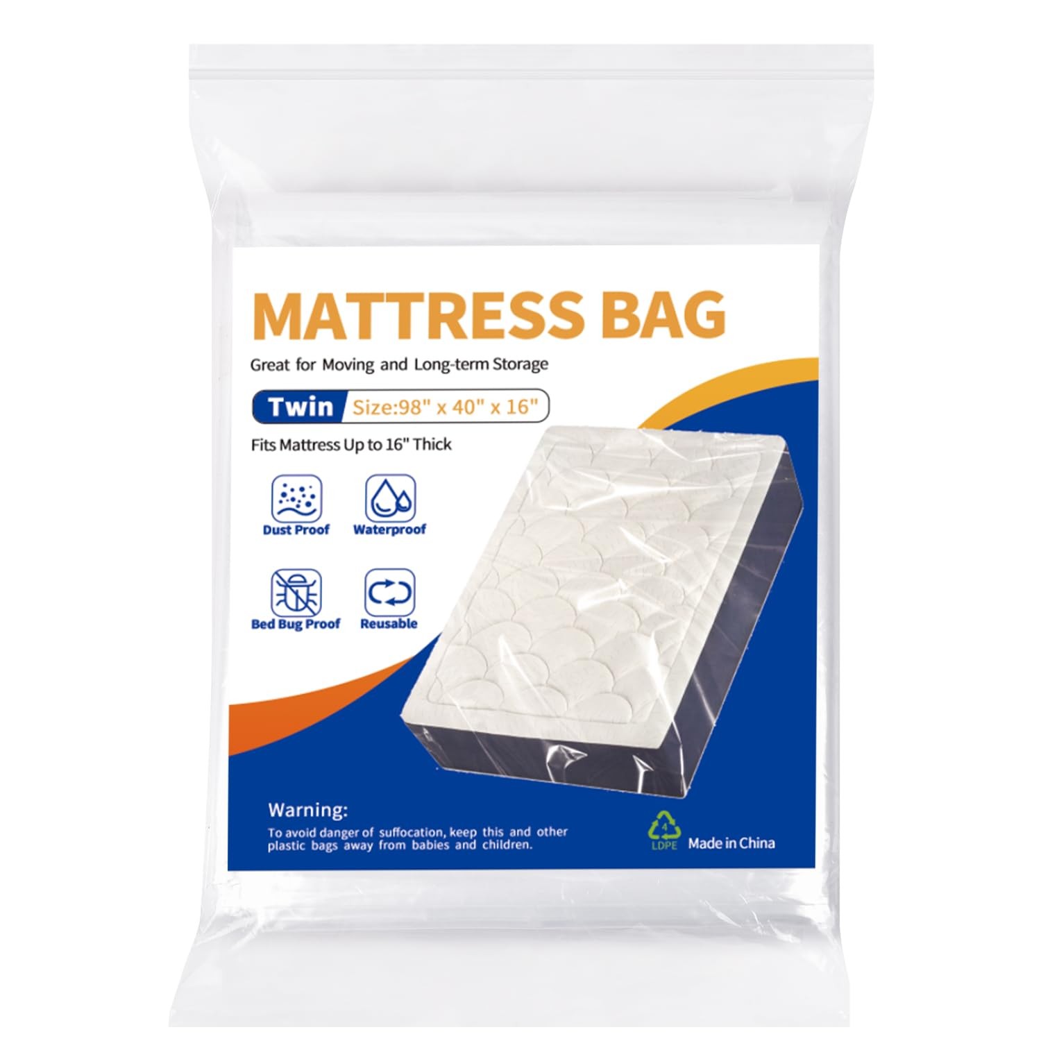 Mattress Bag for Moving Storage – Plastic Waterproof Twin, Clear