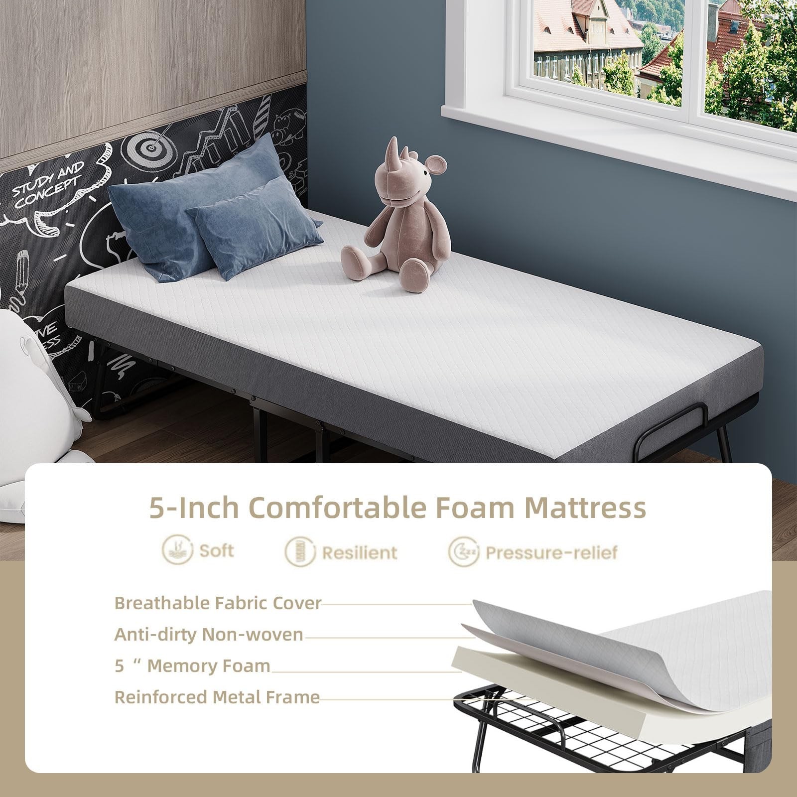 Folding Bed with Mattress Portable Foldable Guest Beds for Adults 75 x 31 Inc…