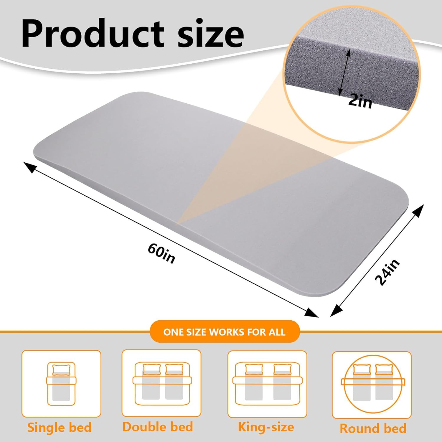 High-Density Mattress Support Foam for Sinking Beds – 60″x24″x2″ (Grey)