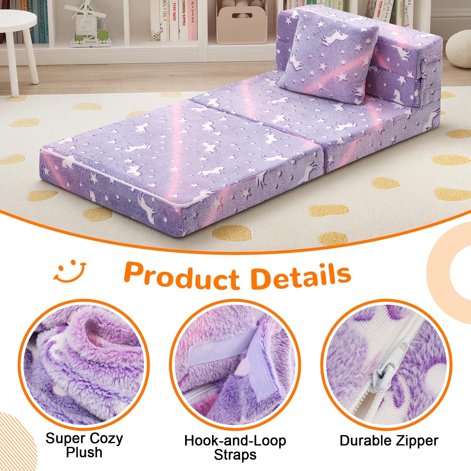 Foldable Futon Chair Bed for Kids, Glow Tri-Fold Sofa Bed Convertible Toddler…
