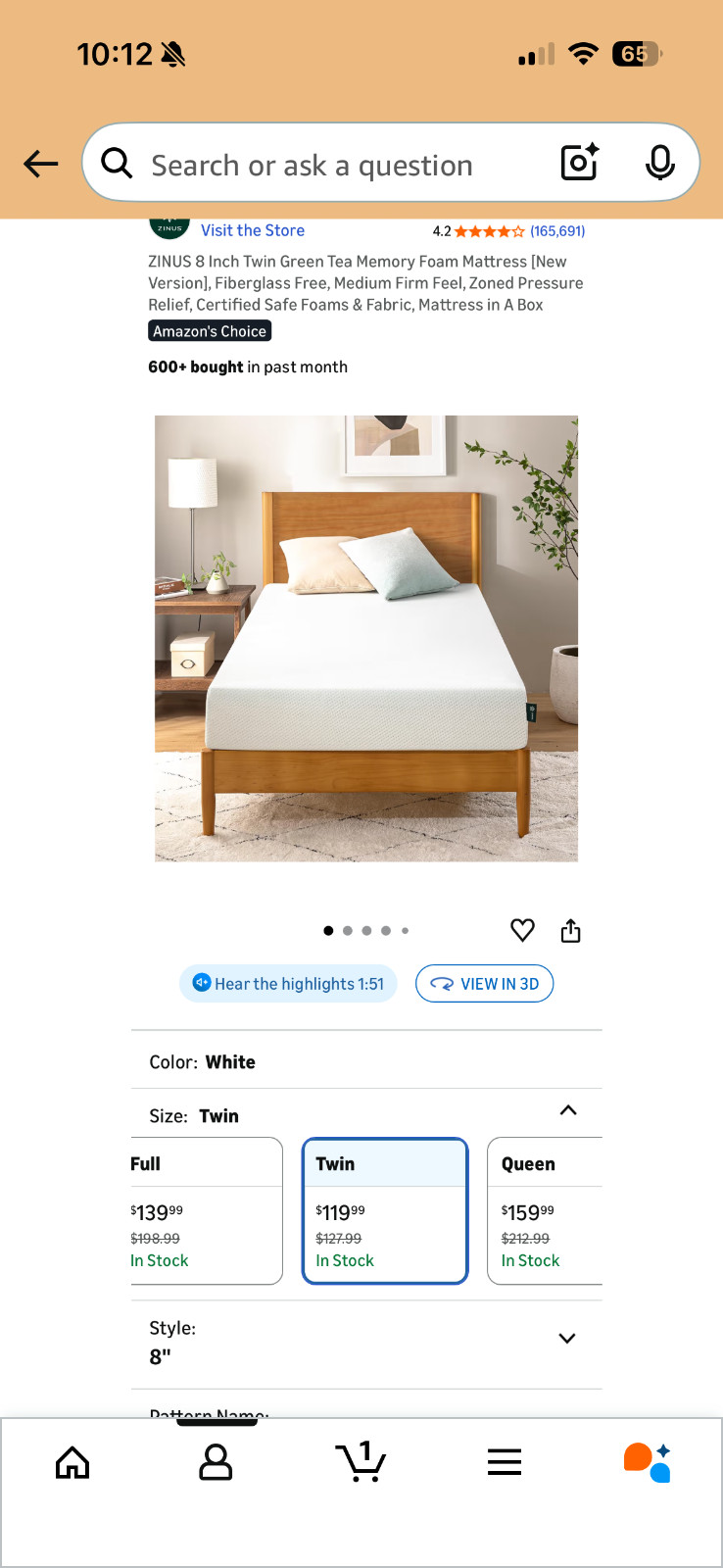 ZINUS Green Tea Memory Foam Twin Mattress – White