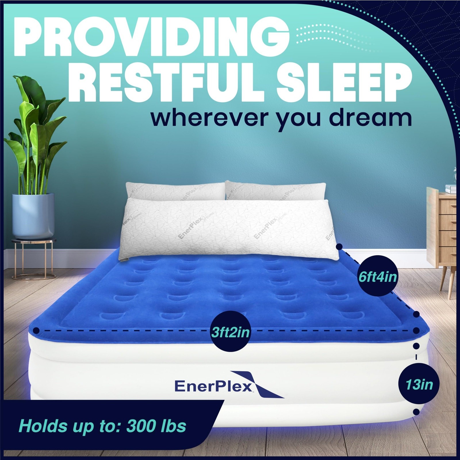 NWT EnerPlex Queen Air Mattress w/ Built-in Pump & Neck Support, 15″, Blue/White