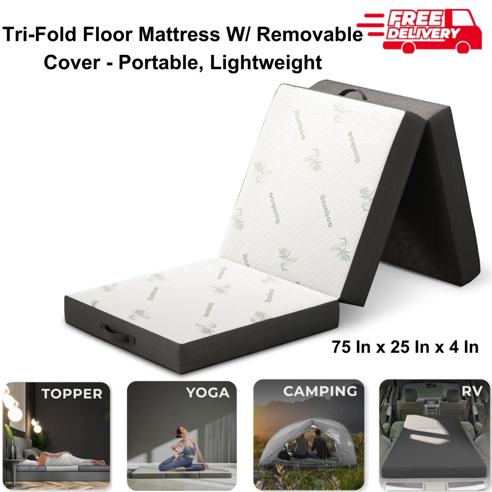 4 Inch Folding Mattress Trifold Foam Mattress With Removable Cover For Traveling