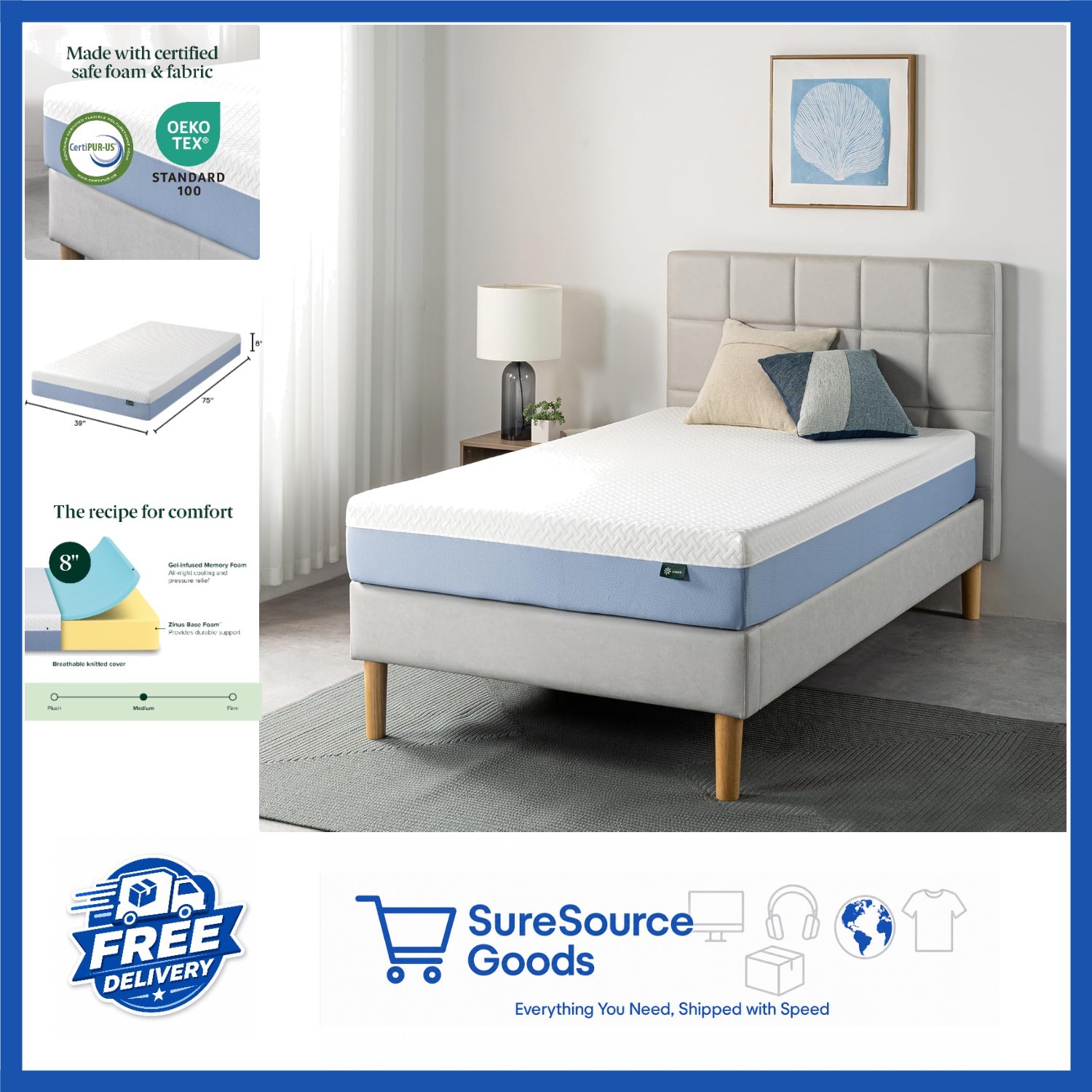 8-Inch Twin Mattress with Cooling Memory Foam White Certified Safe Materials