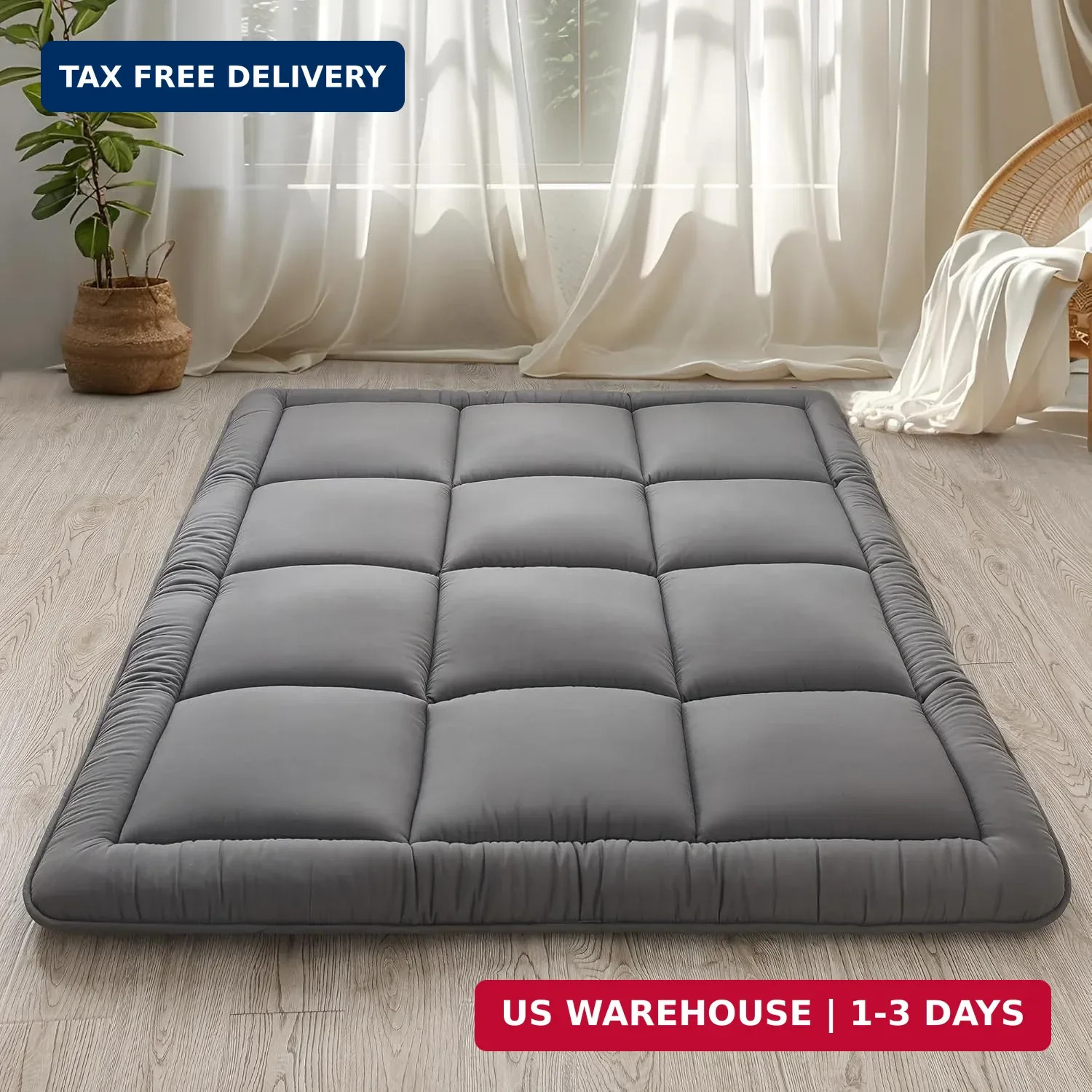 WhatsBedding Japanese Floor Mattress Futon Mattress 3″ Grey Tatami Mat Shredded