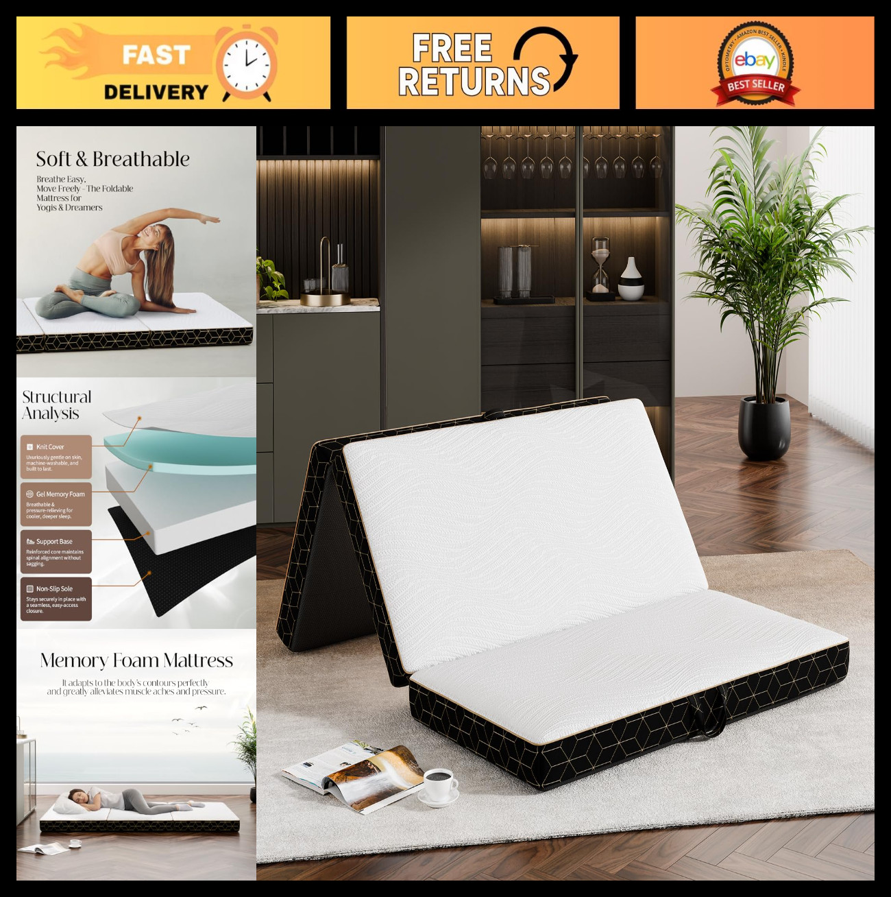 Portable Tri-Fold Memory Foam Mattress – 4″ Folding Bed with Washable Cover, Non