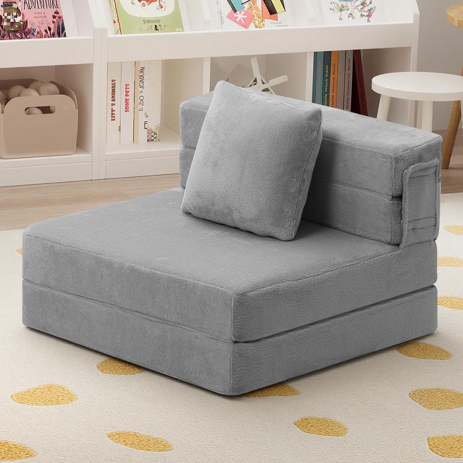 Foldable Futon Chair Bed for Kids, Grey Tri-fold Convertible Toddler Sofa Mat…