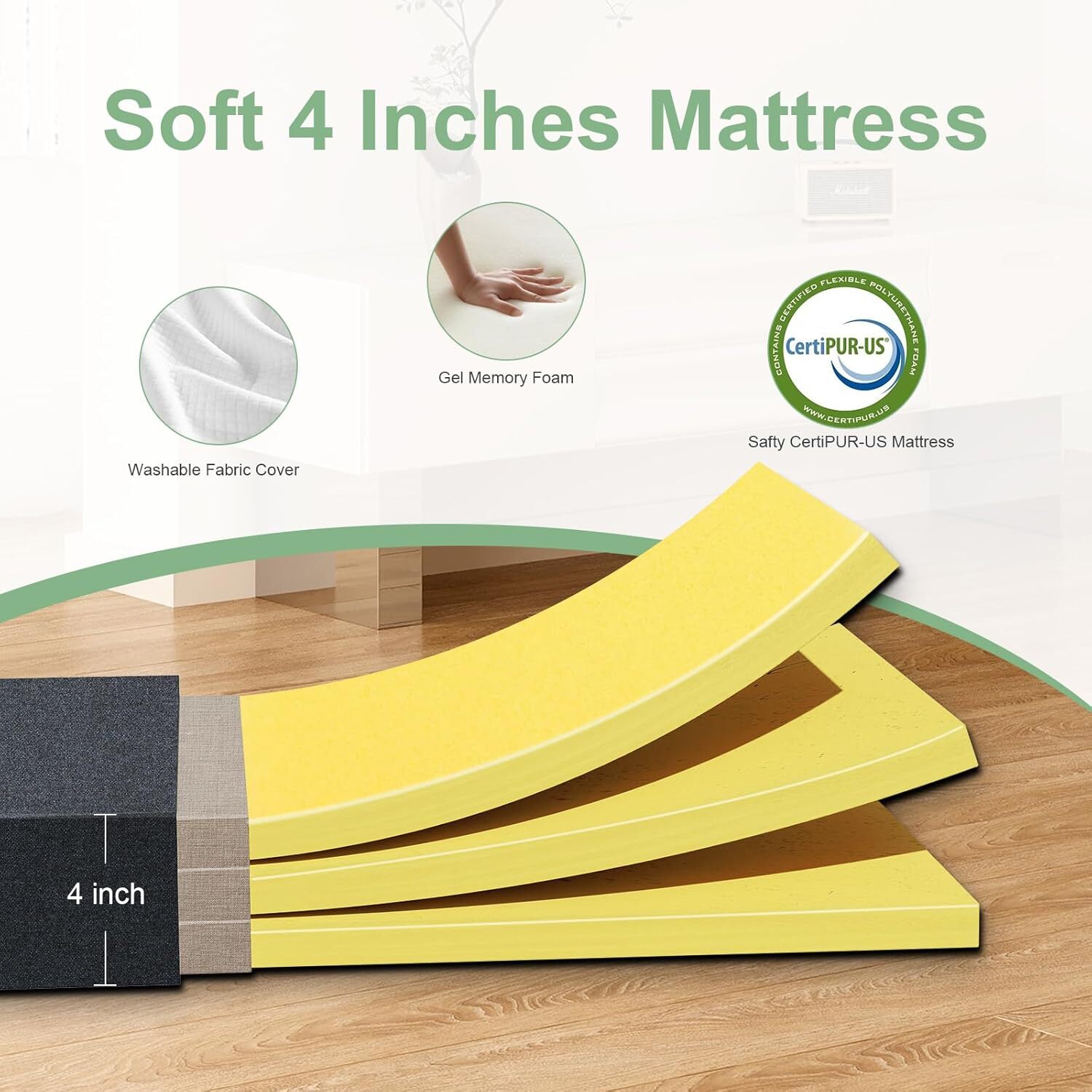 3inch Foldable Mattress Memory Foam Trifold Portable Mattress w/ Washable Cover