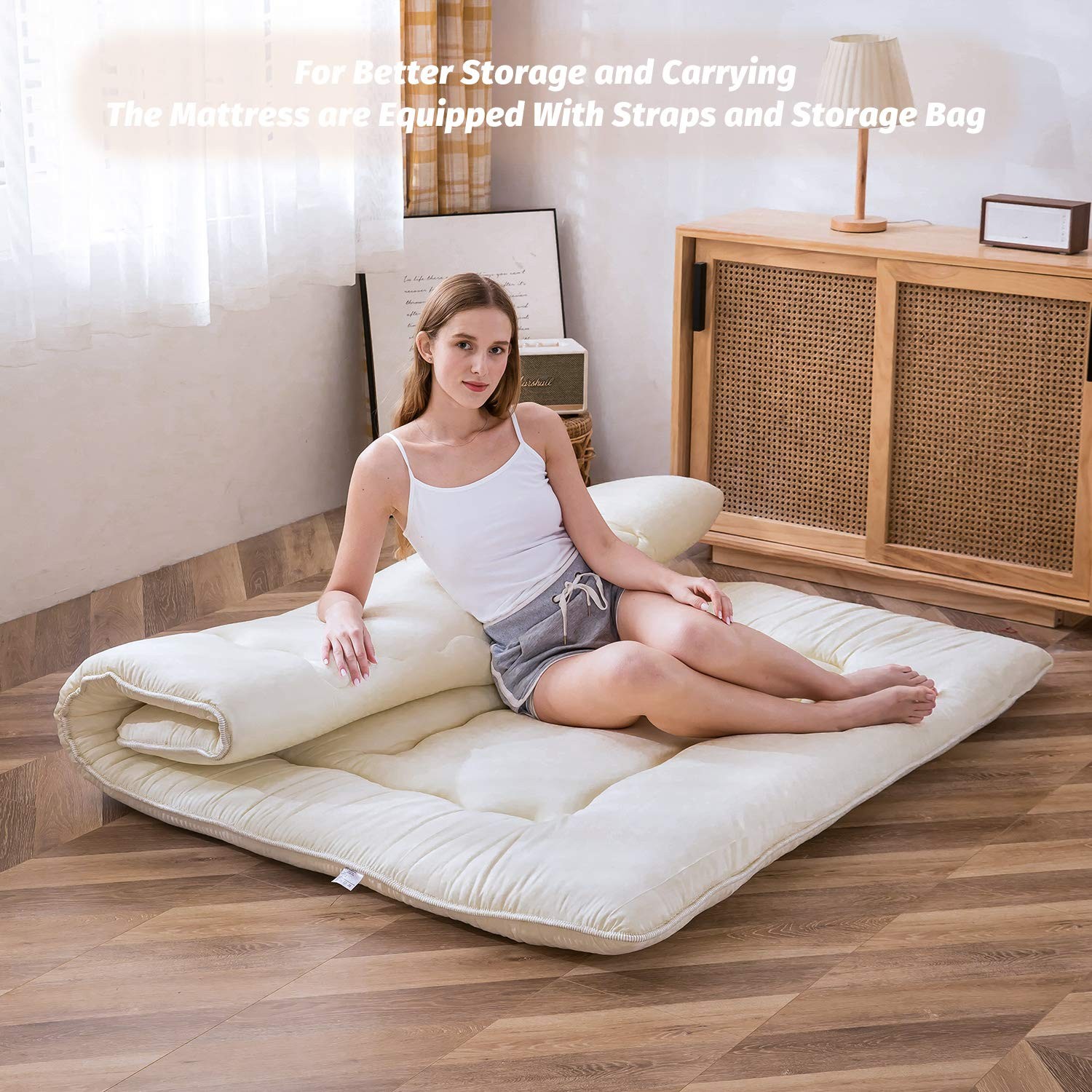 Queen Size Off White Thicken Tatami Mat Foldable Sleeping Pad Trifold Mattress