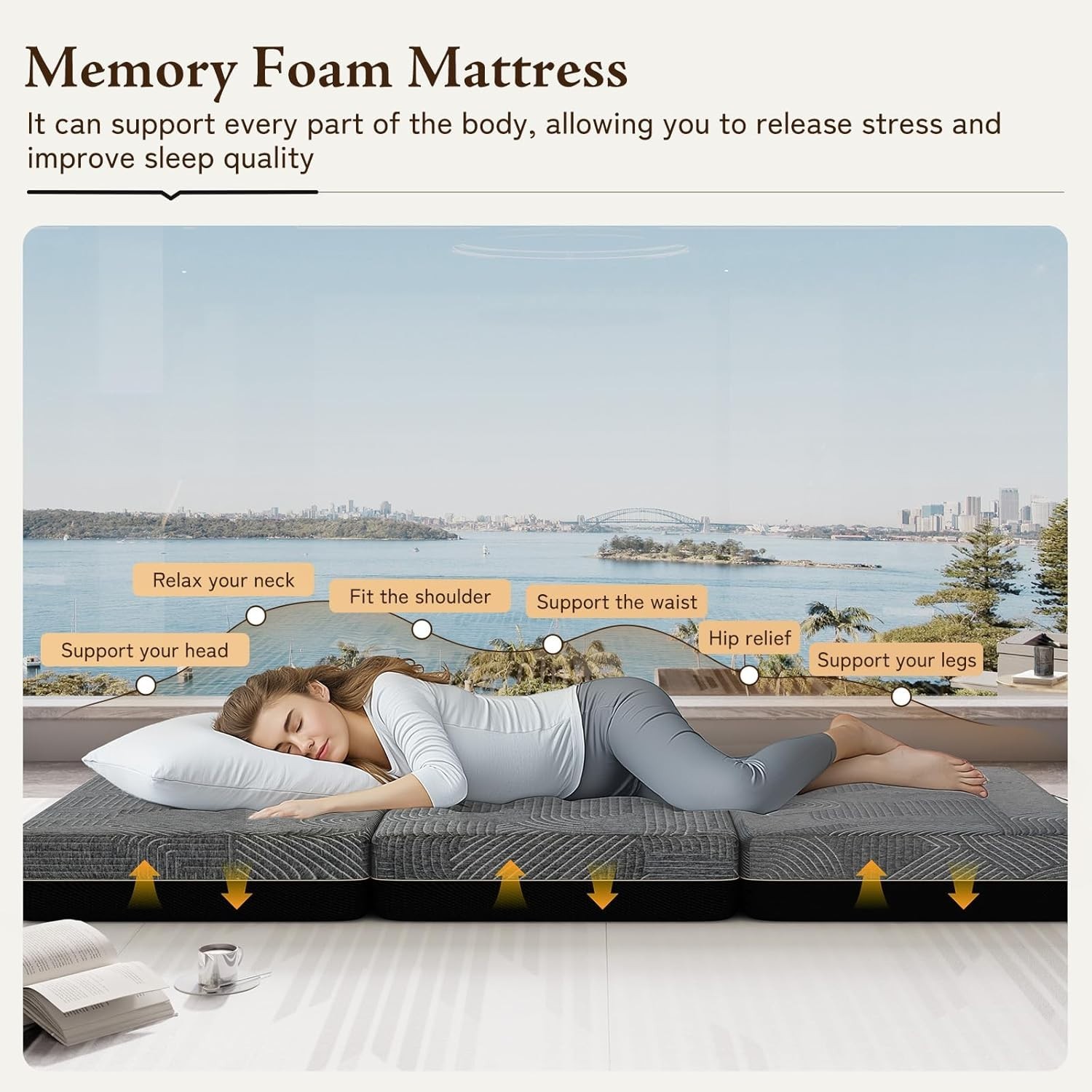 Tri Folding Memory Foam Mattress Floor Chair Sofa Bed, Full 6 Inch 73″x52″x6″