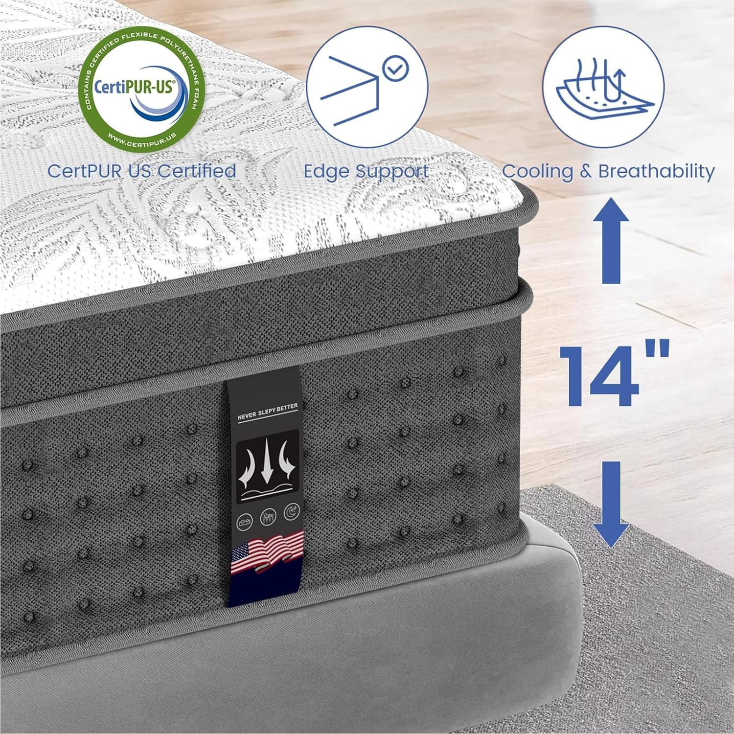 14″ Queen Size Mattress Hybrid Foam Pocket Coils Bed In a Box,Motion Isolation