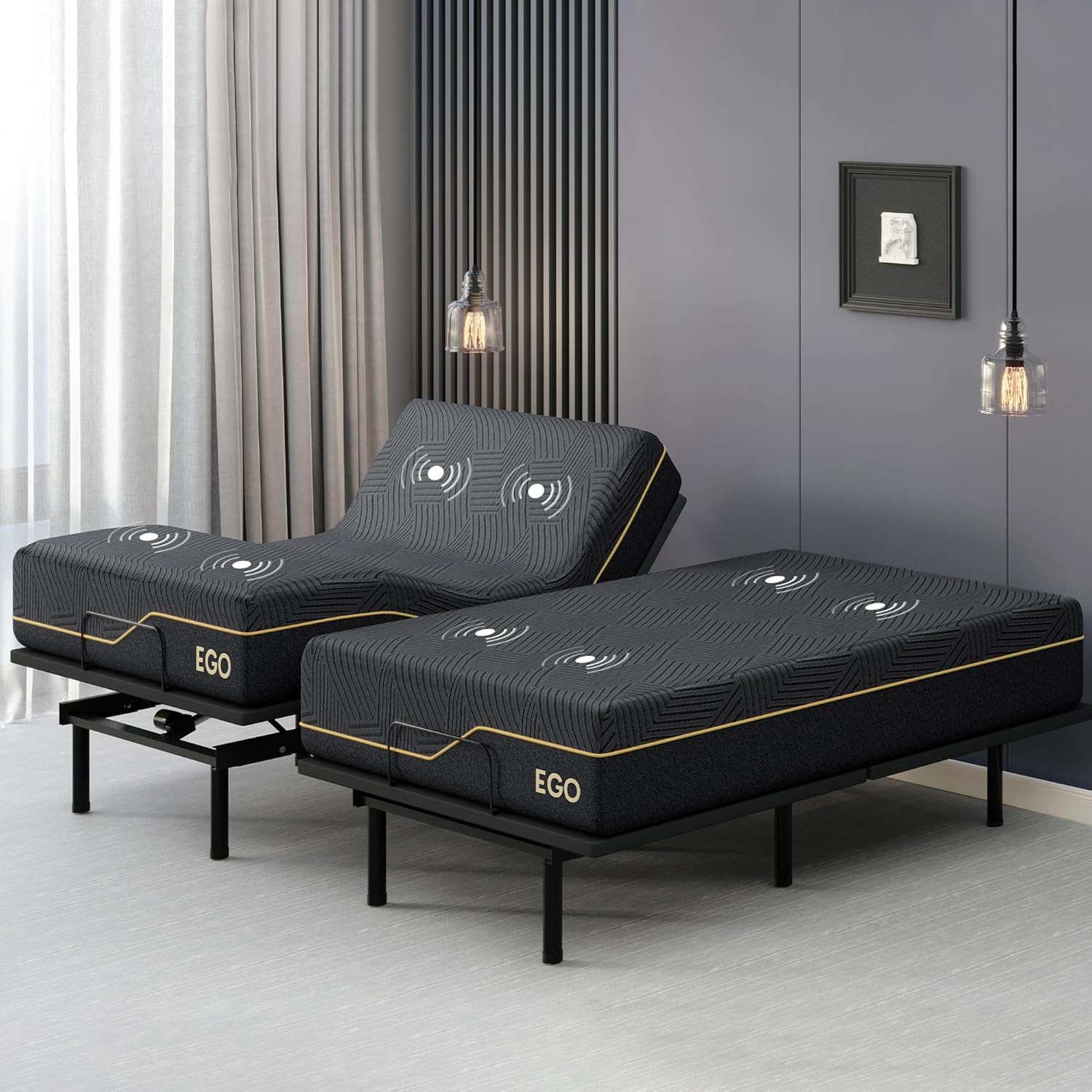 EGOHOME Split King Adjustable Bed with 14″ Memory Foam Mattress & Massage