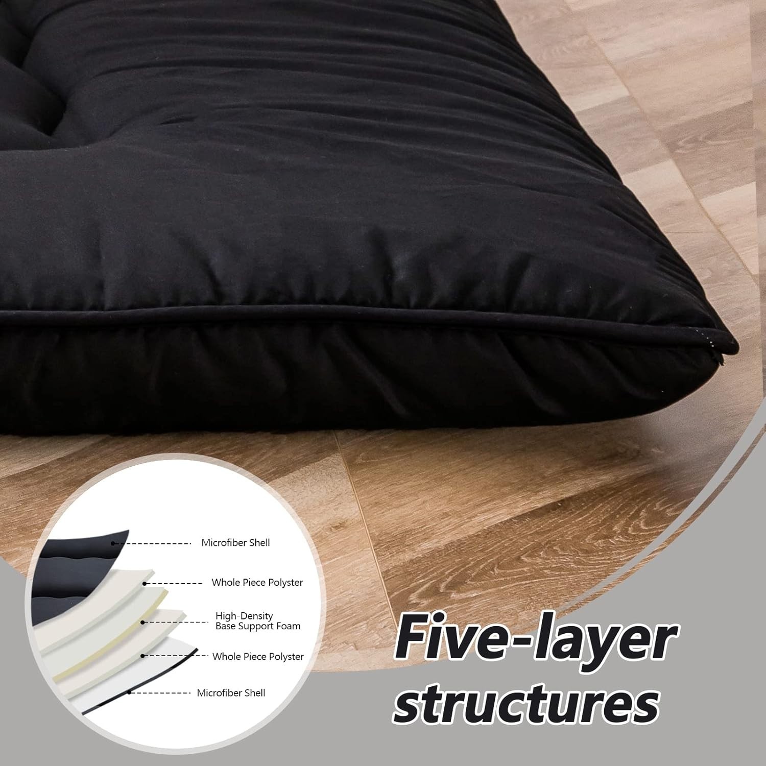 Compact 4″ Black Floor Mattress with Dustproof Cover – Versatile Adult Futon