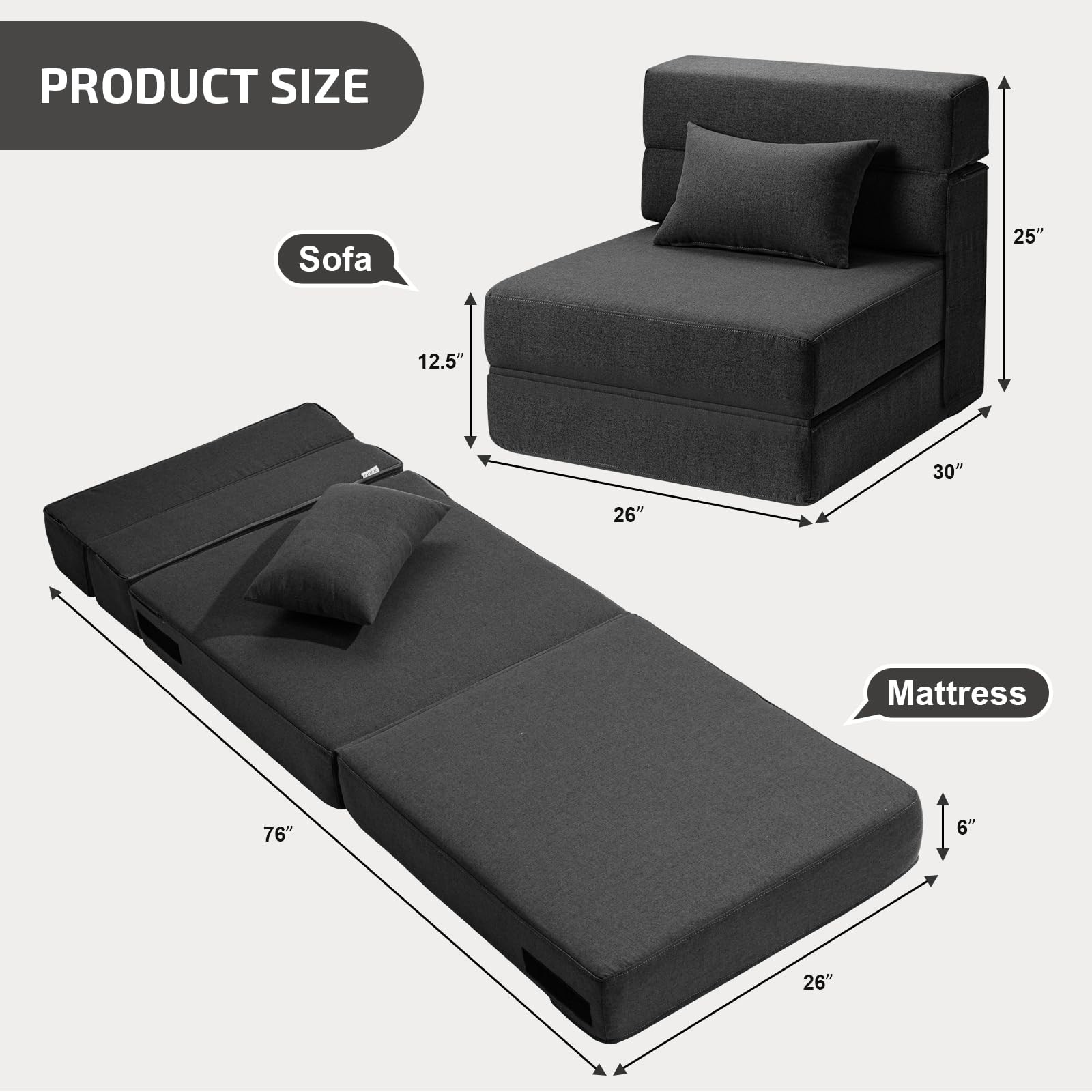 SUYOLS Folding Sofa Bed with Pillow- Convertible Single(26″ width), Dark Gray