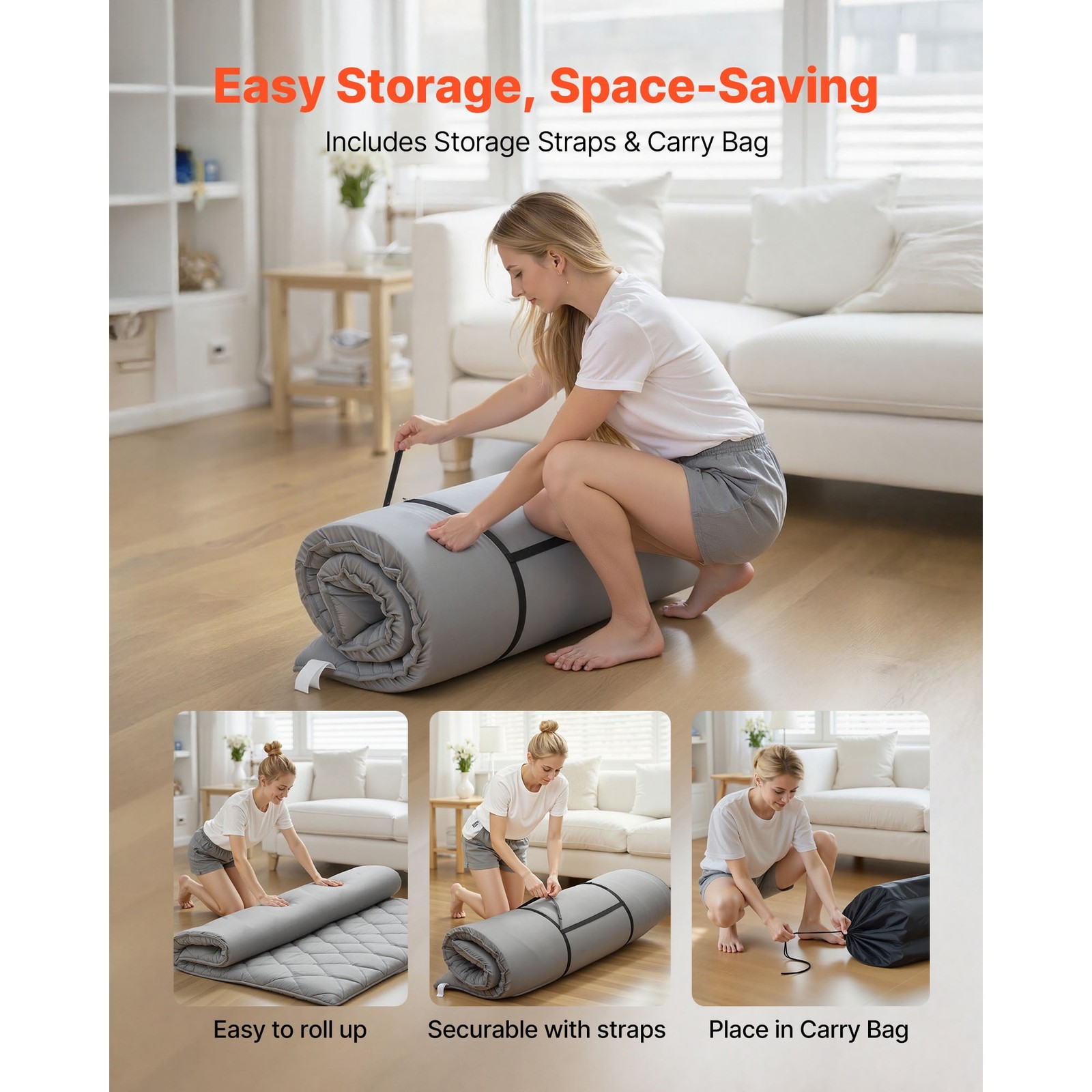 Foldable Japanese Tatami Mat Full-Size Floor Mattress W/ Storage Bag & Fastener