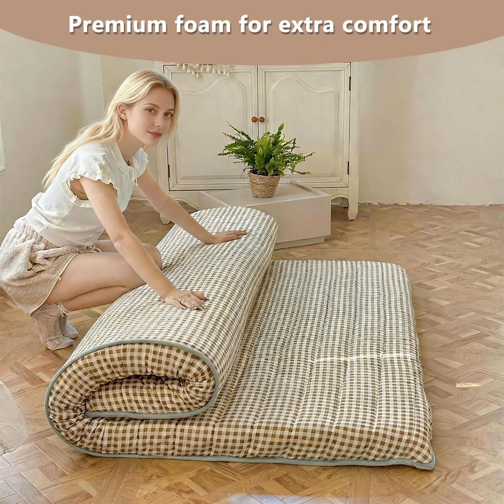 NSNLGSGC Tan Gingham Japanese Floor Mattress, 3.5″ Thick High Density Foam Futon