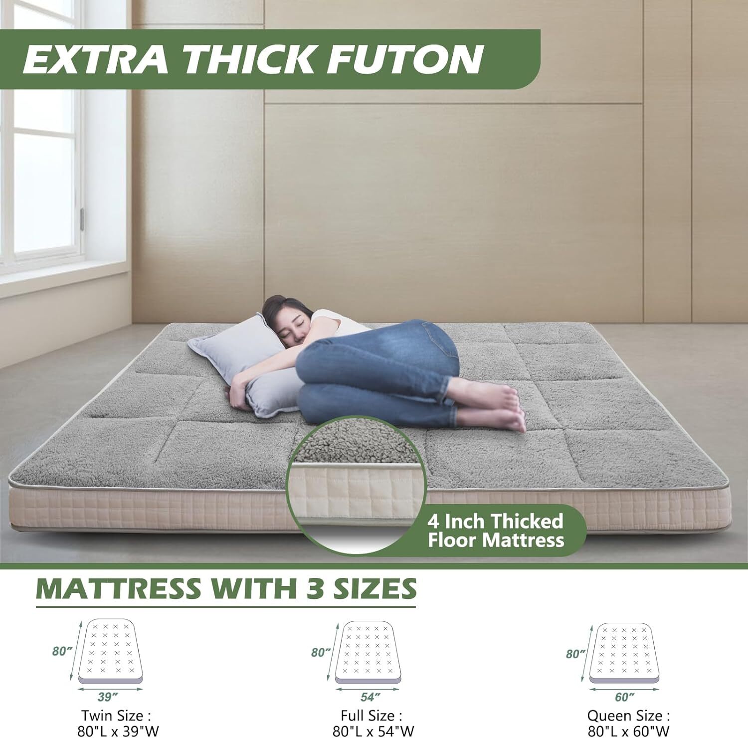MOPHOTO Japanese Mattress Futon Mattress Foldable Sherpa Fleece Mattress Topper