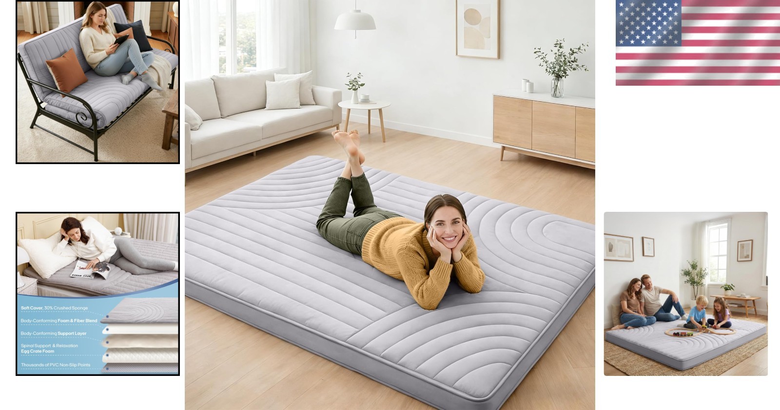 Portable Full Japanese Floor Bed, 5-Layer Plush, Removable Washable Cover