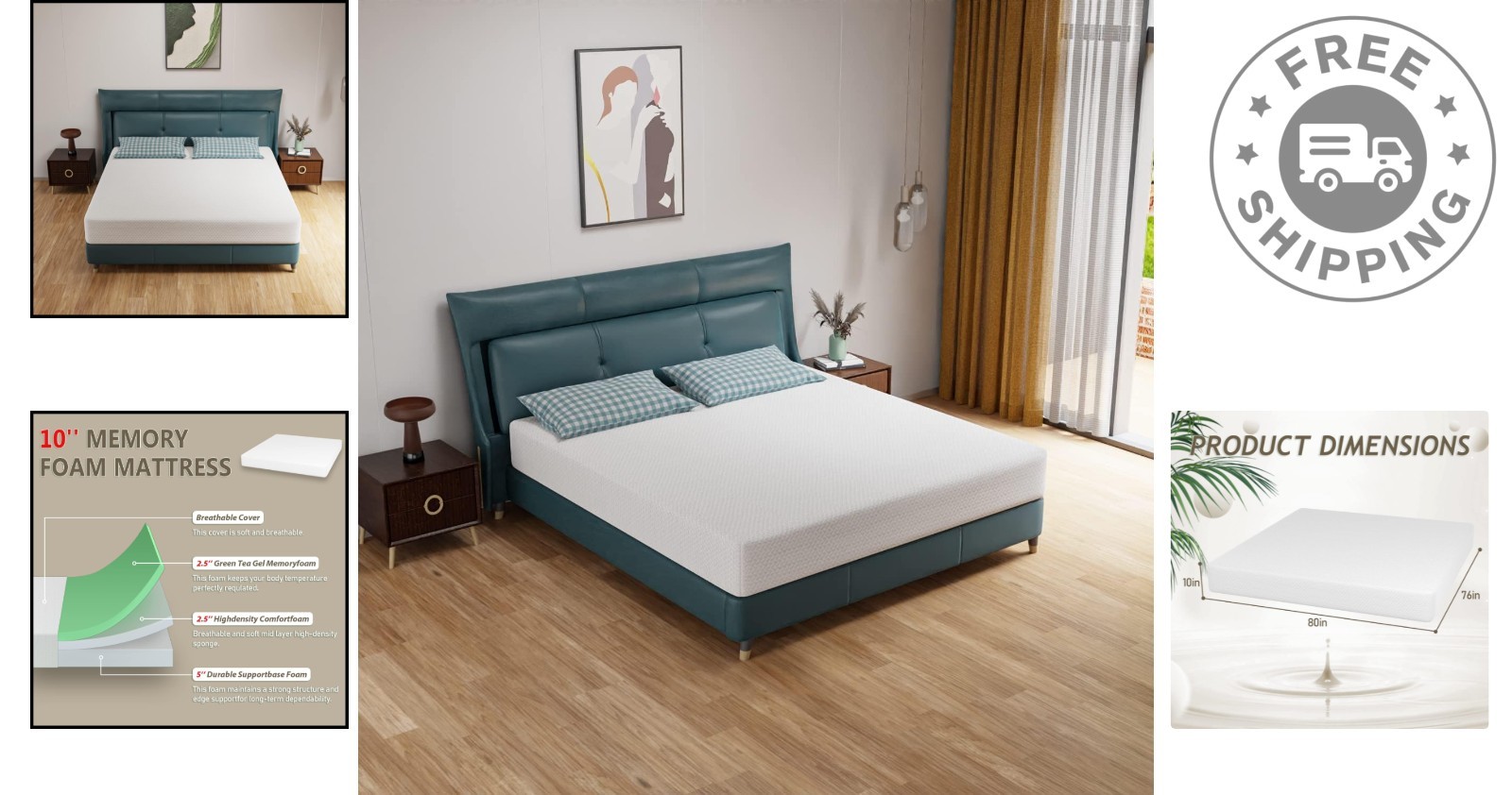 Medium Firm Green Tea Memory Foam Mattress – King Size, Perfect for Bed Frames