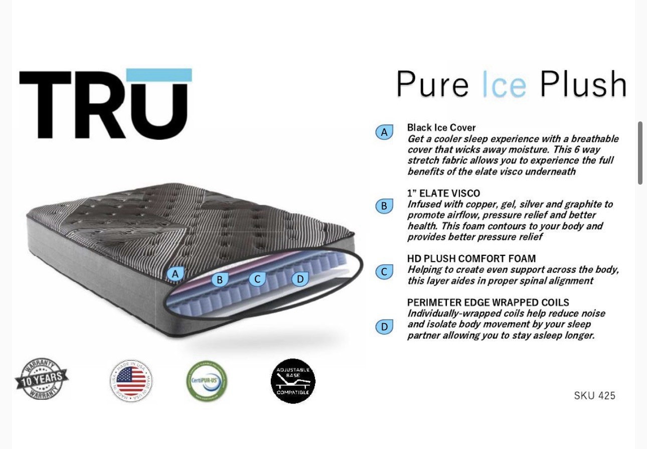 TRU Pure Ice Plush Queen Hybrid Mattress, Cooling, Edge Support, Adjustable