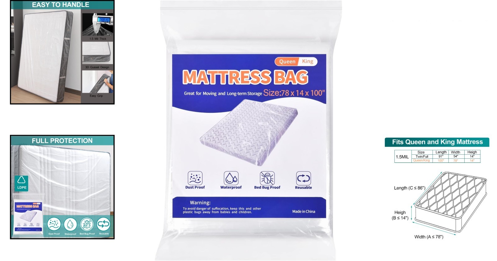 Queen and King Size Mattress Protector Bag – Easy Pull-On Closure, 1 Pack