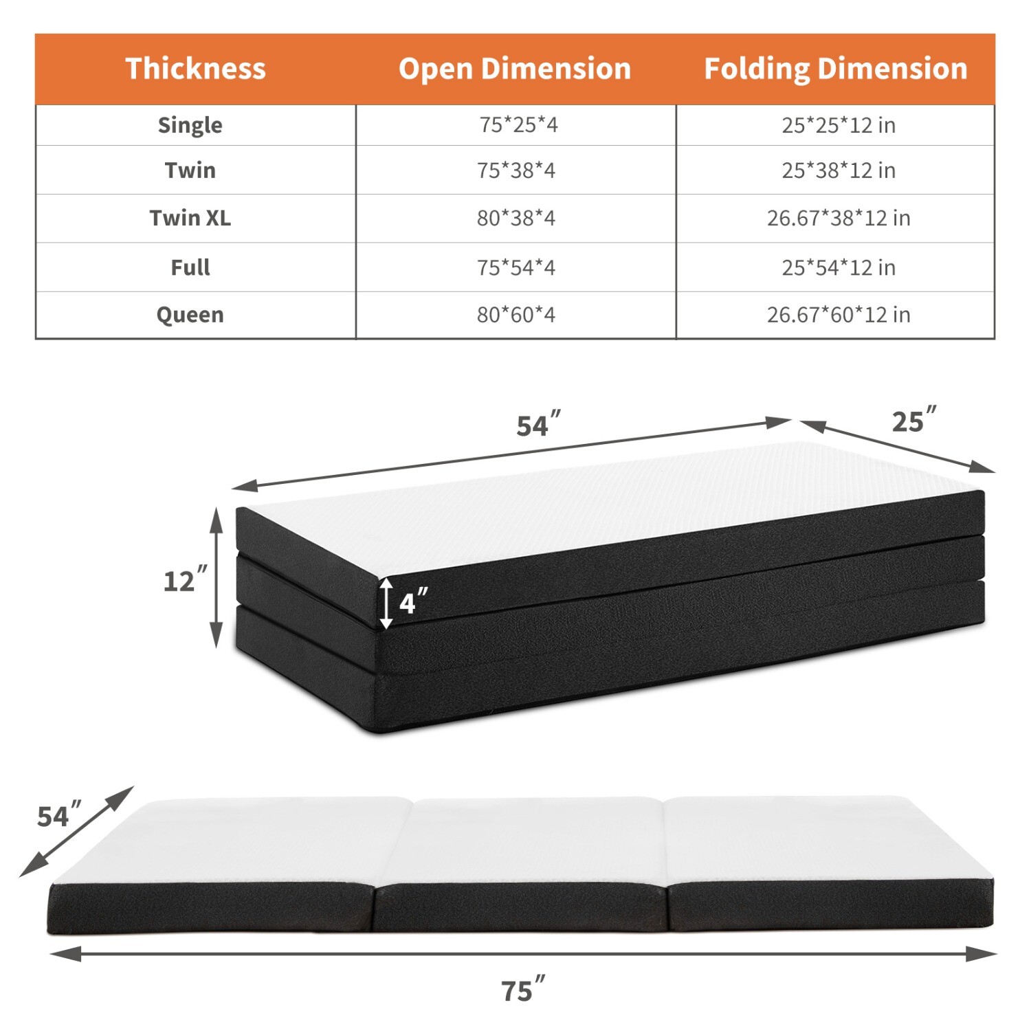 4″ Tri-fold Memory Foam Mattress,Portable Folding Floor Bed,with Washable Cover